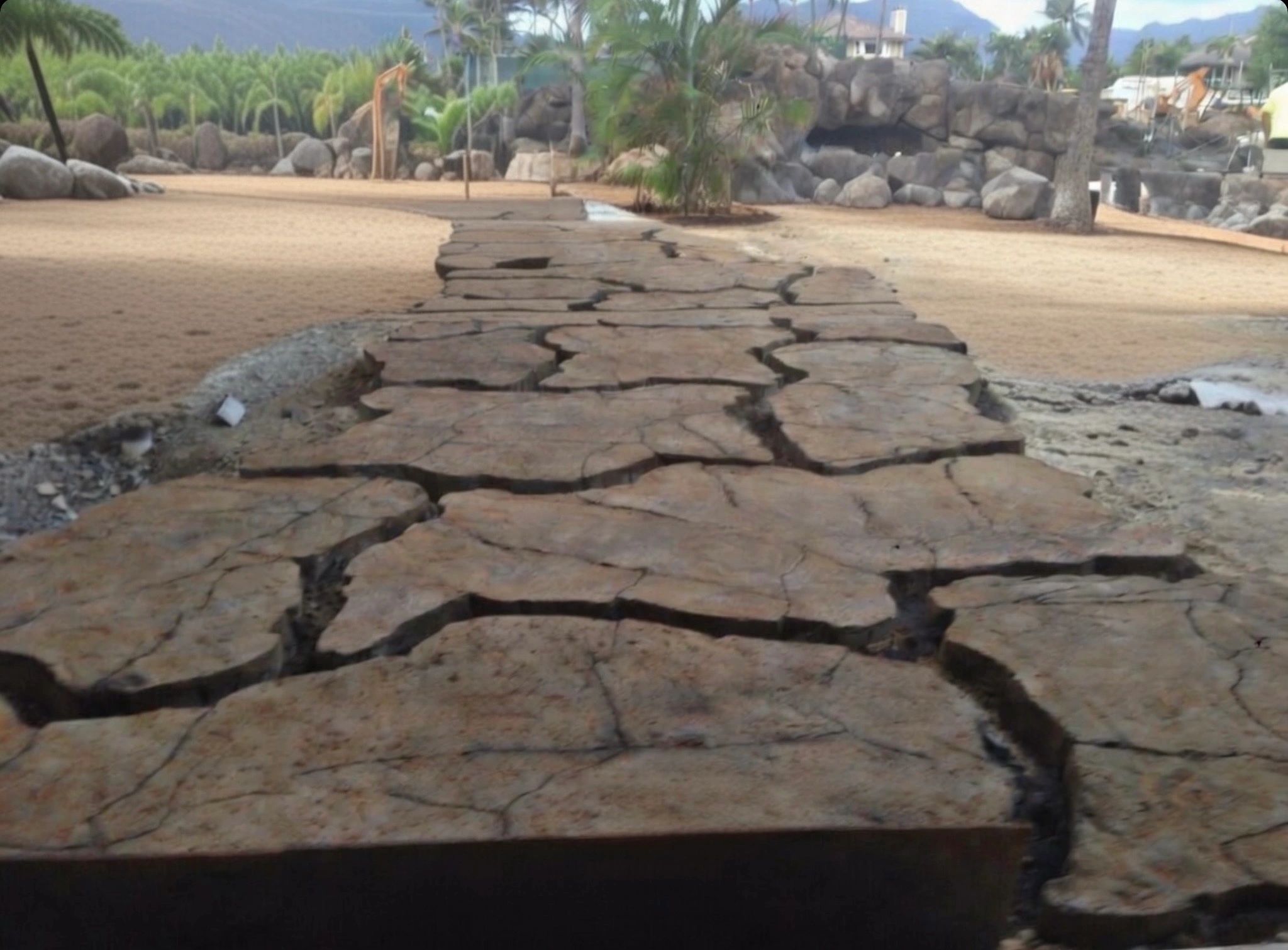 Sculpted lava-stone pathway slabs set in place